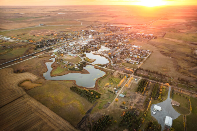 Aerial of a small town in the Saskatchewan province in Canada